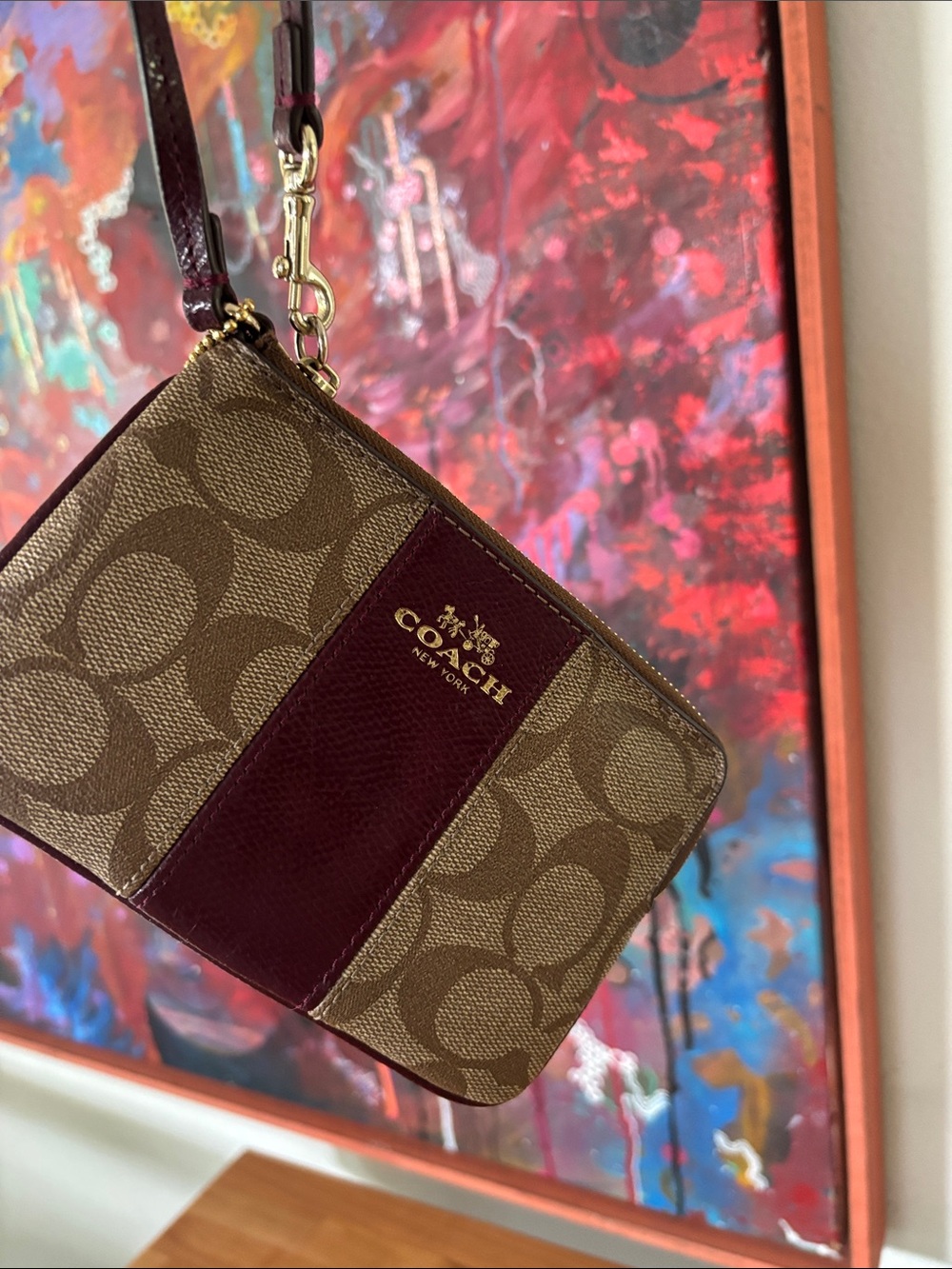 Coach Signature Canvas Wristlet in Brown & Burgundy